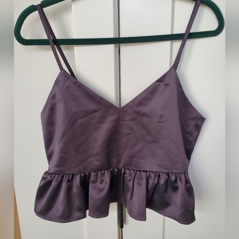 BTL-NWT Charcoal Satin Peplum Cami Top Adjustable Straps SZ: XS-S Ptp 16"